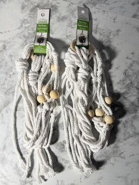 Cotton Macramé Plant Hanger with Wooden Beads - White Set of 2